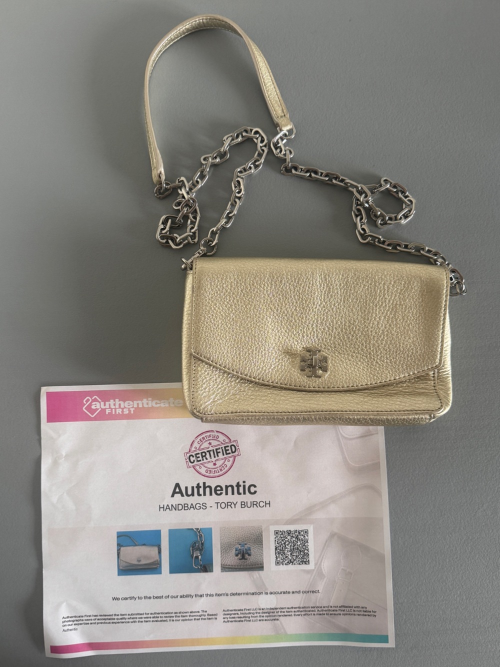 AUTHENTIC Tory Burch Kira Pebbled Leather Chain Wallet Crossbody Bag Gold EUC